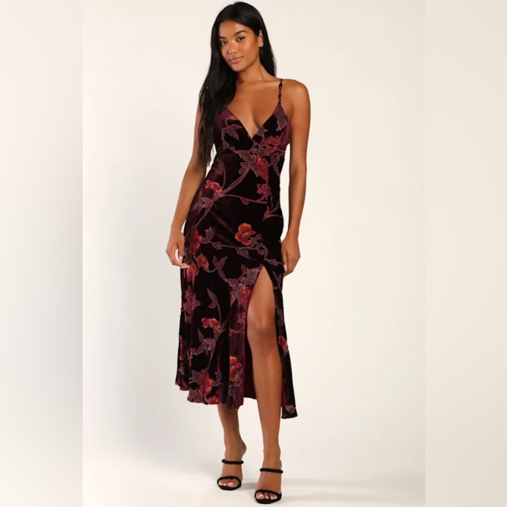Lulus Divine Allure Burgundy Floral Burnout Velvet Midi Dress